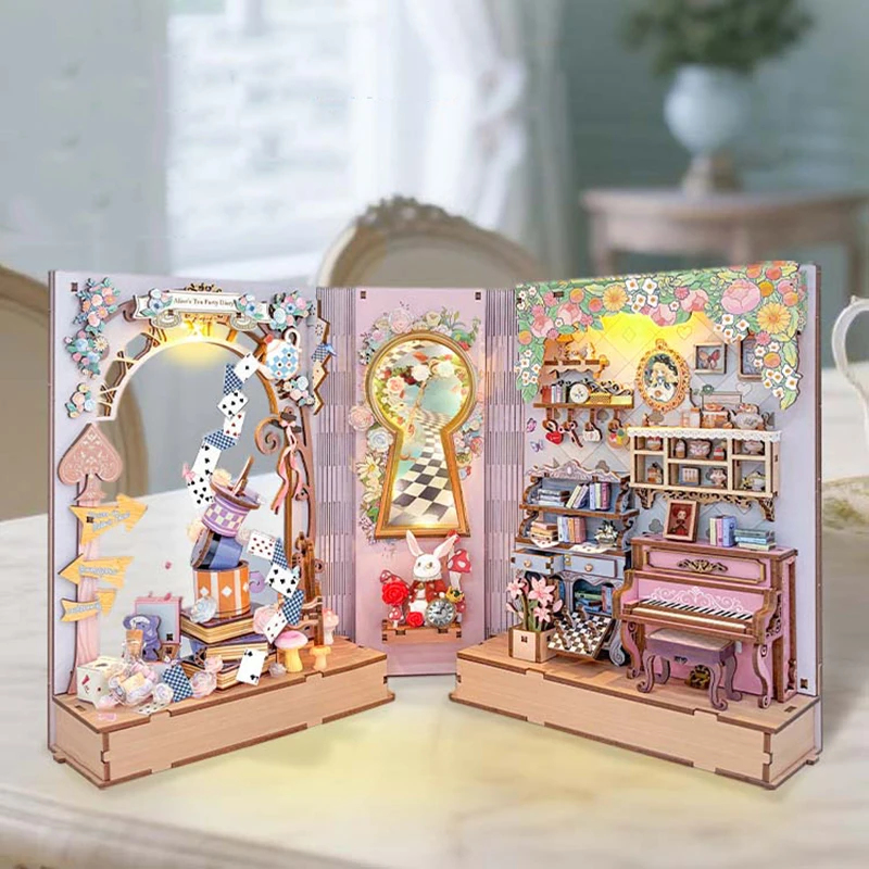 Diy Wooden Book Nook Kit Shelf Insert - Miniaturowy zestaw do samodzielnego montażu: drewniana